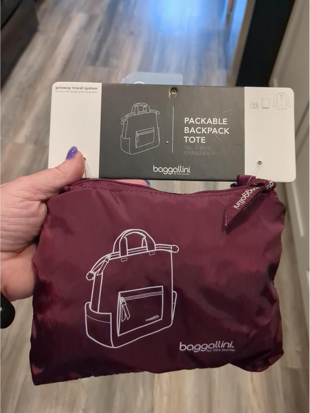 NWT Baggalini Packable Backpack Tote Burgundy Nylon Travel  In Bag
